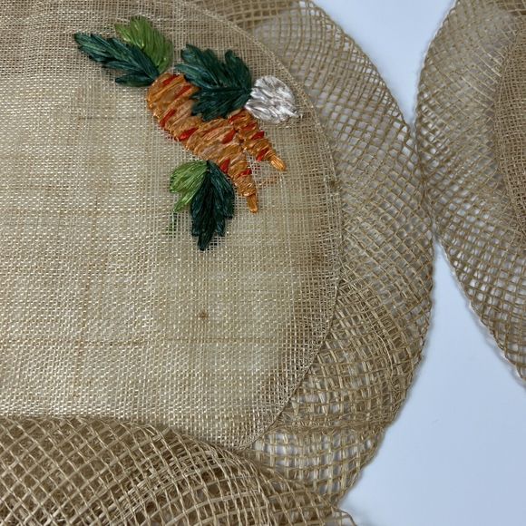 Wicker Straw Placemats Embroidered Carrots Vtg Boho Raffia 19”x13” Oval Set/6 - Picture 4 of 14